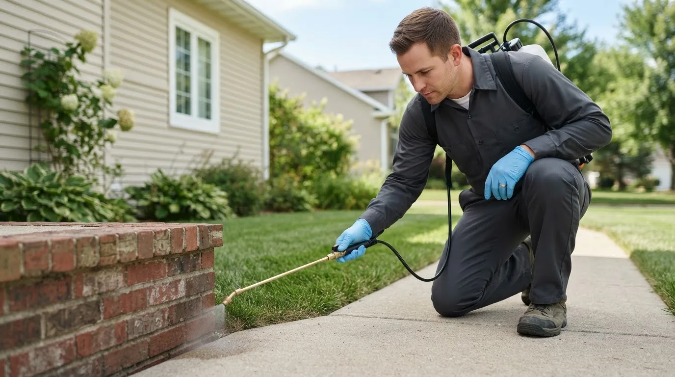 Pest control technician treating a home near Haskins, OH