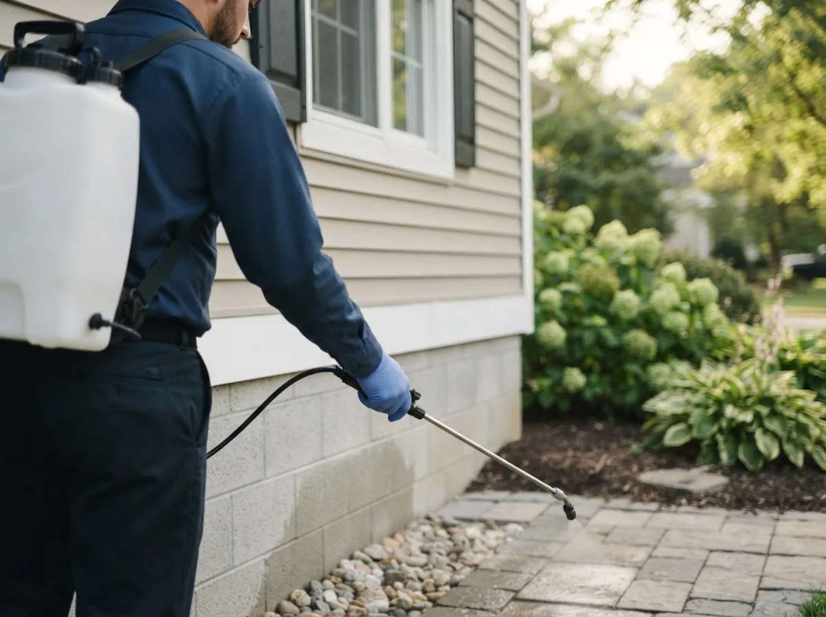 Pest control technician inspecting a home in Haskins, OH